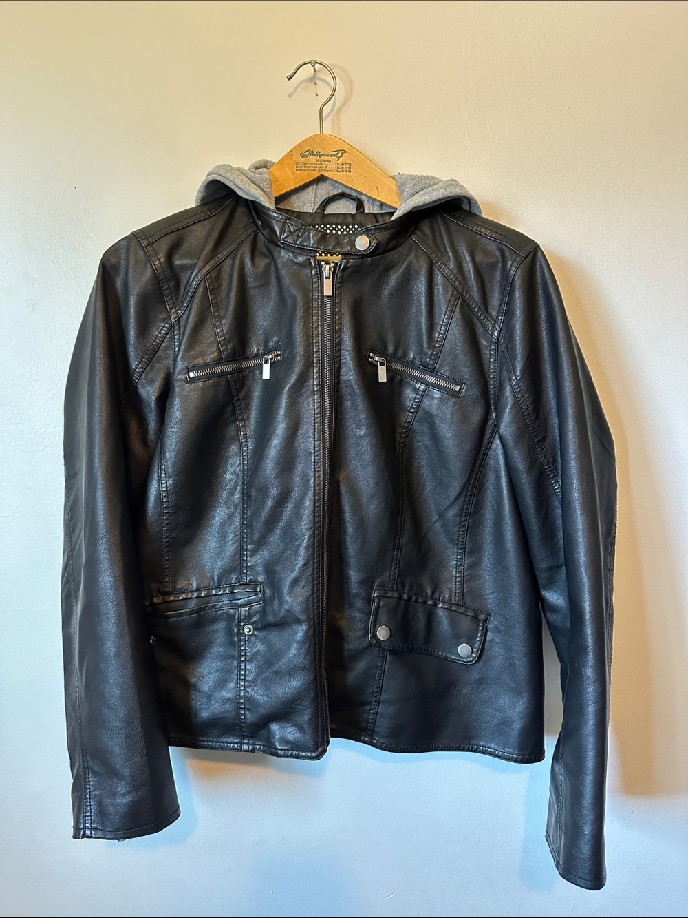 Aliva Ford Black Faux Leather Jacket with Gray Hood Women's Size 2X - Picture 1 of 5